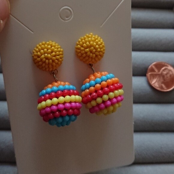 Seed Beaded Ball Drop Earrings - yellow/orange/blue yellow/orange/yellow - Picture 4 of 6